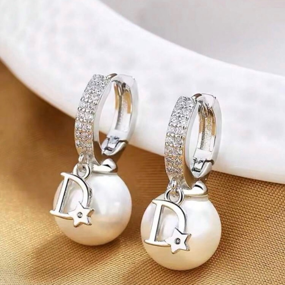 New Silver Pearl D Charm Hoop Earrings with Star Accent